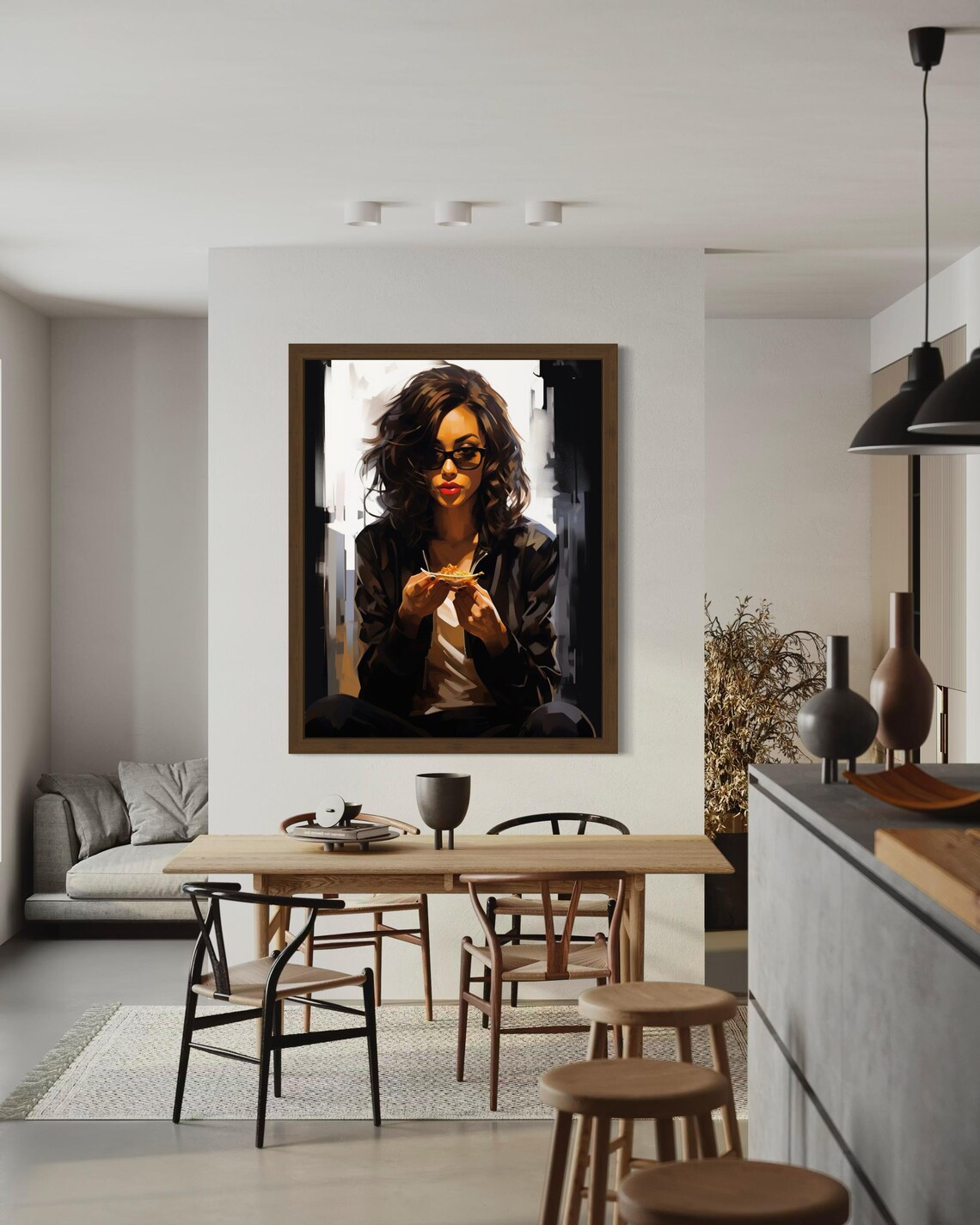 Stylish Woman With Sunglasses Eating Urban Brushstroke Art Poster - Image 5