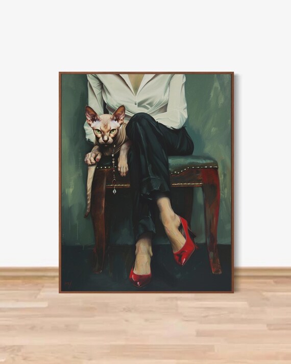 Sphynx Cat Art Print Woman In Red Heels Modern Glam Wall Art Stylish Chair Portrait Moody Home Decor
