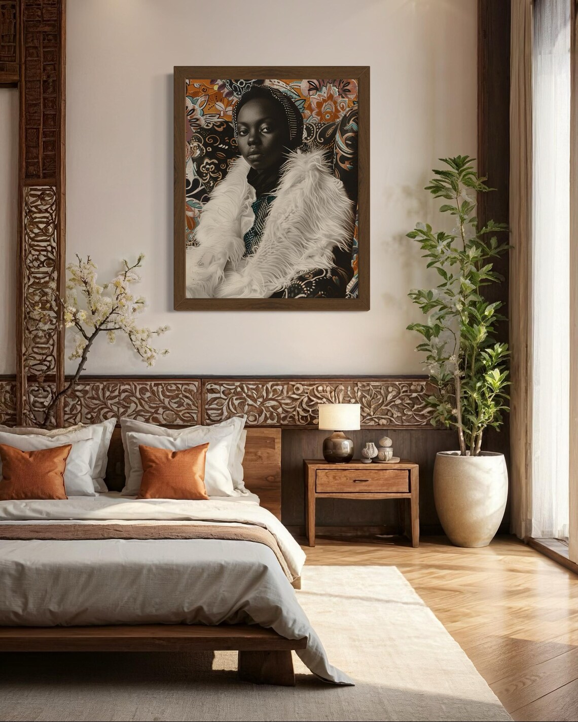 Black Woman White Feather Coat Boho Glam Portrait Art Poster - Image 3