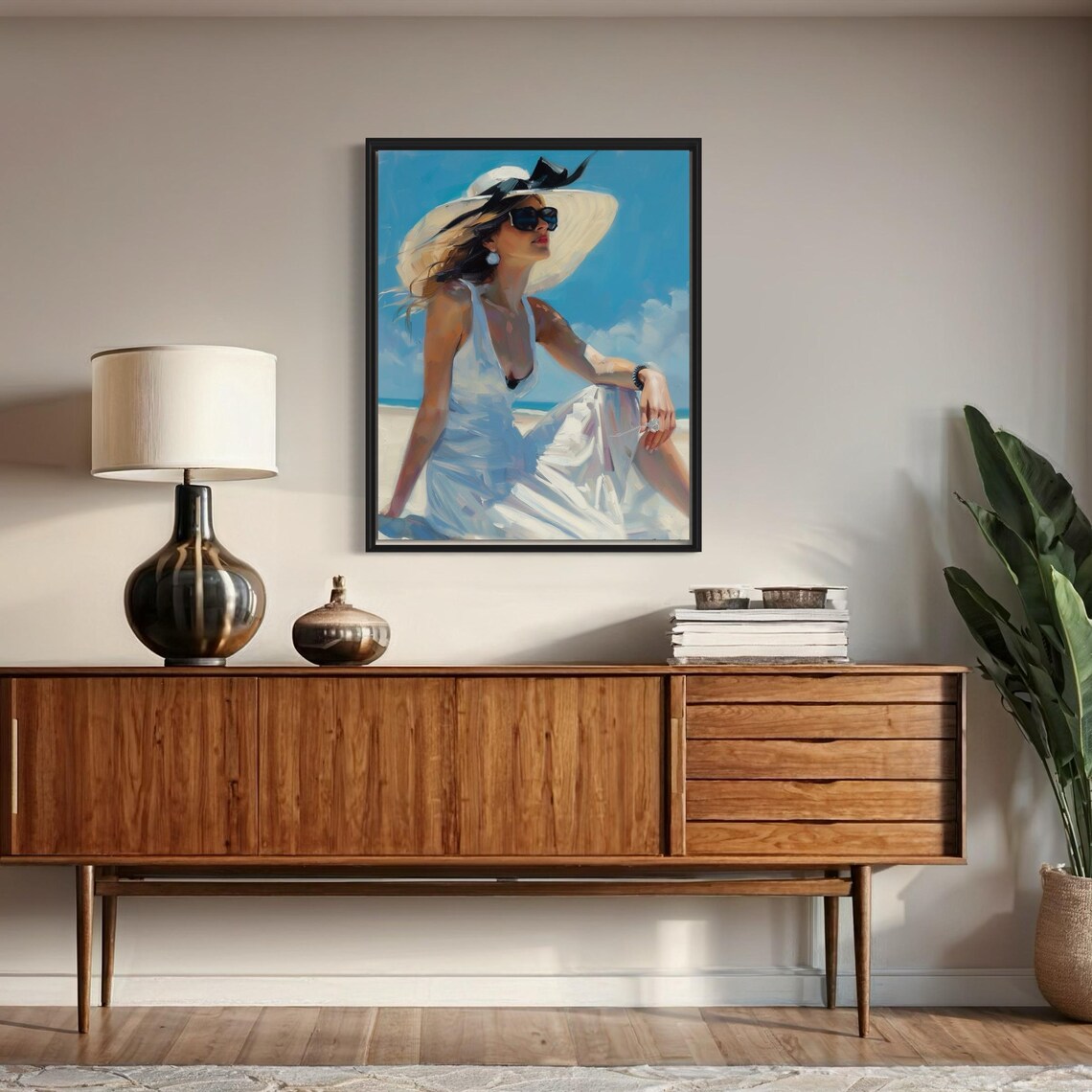 Elegant Woman in White Dress and Straw Hat on Beach Art Poster - Image 7