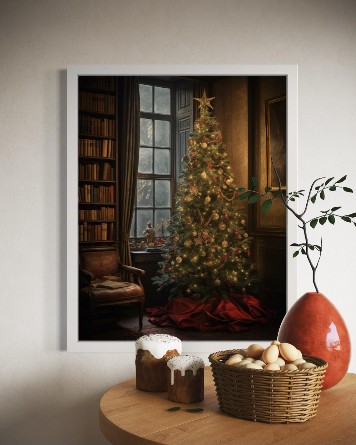 Vintage Christmas Tree Cozy Warm Elegant Library Holiday Decor Poster