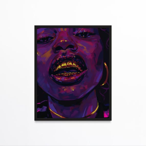 Modern Black Woman Artwork Black Girl Wall Art With Grills Gold Jewelry Art Print Bold Afrocentric Decor Black Artwork Poster