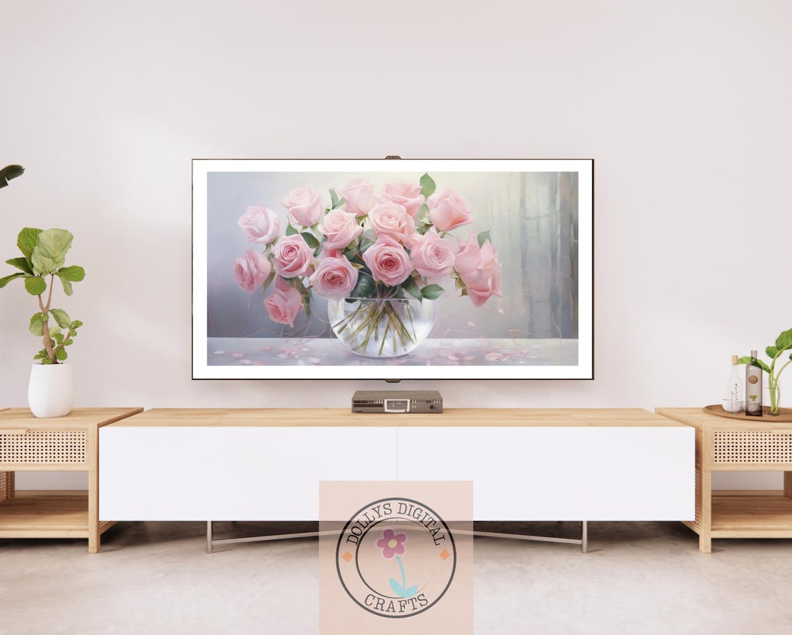 Pink Roses Glass Vase Soft Floral Bouquet Light Airy Poster Home Decor - Image 2