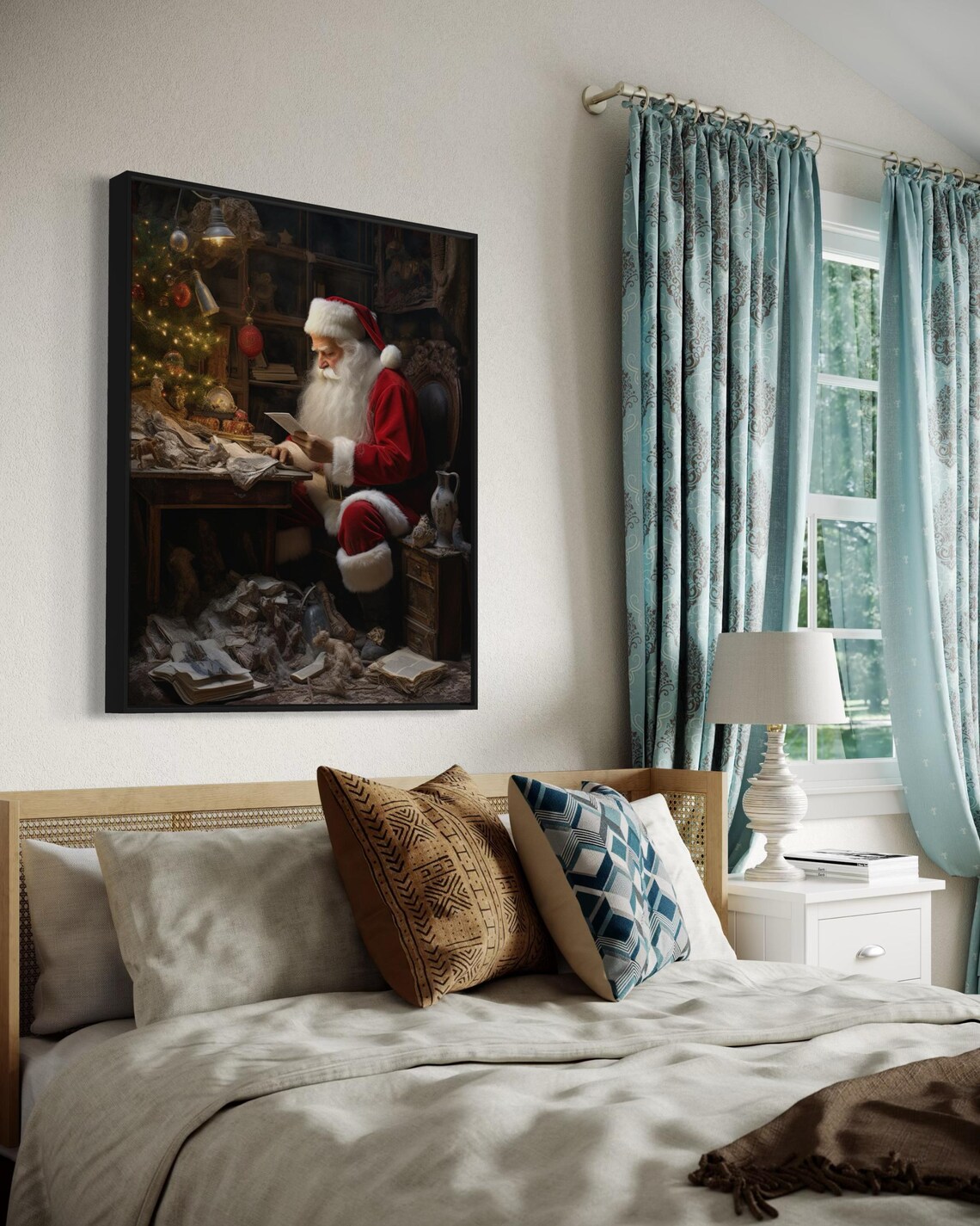 Vintage Santa Claus Reading Letters Cozy Christmas Workshop Art Print - Image 2