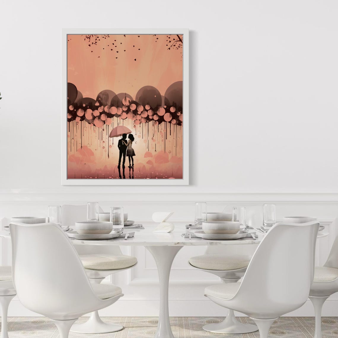 Couple Pink Umbrella Rain Silhouette Soft Romance Art Poster - Image 3