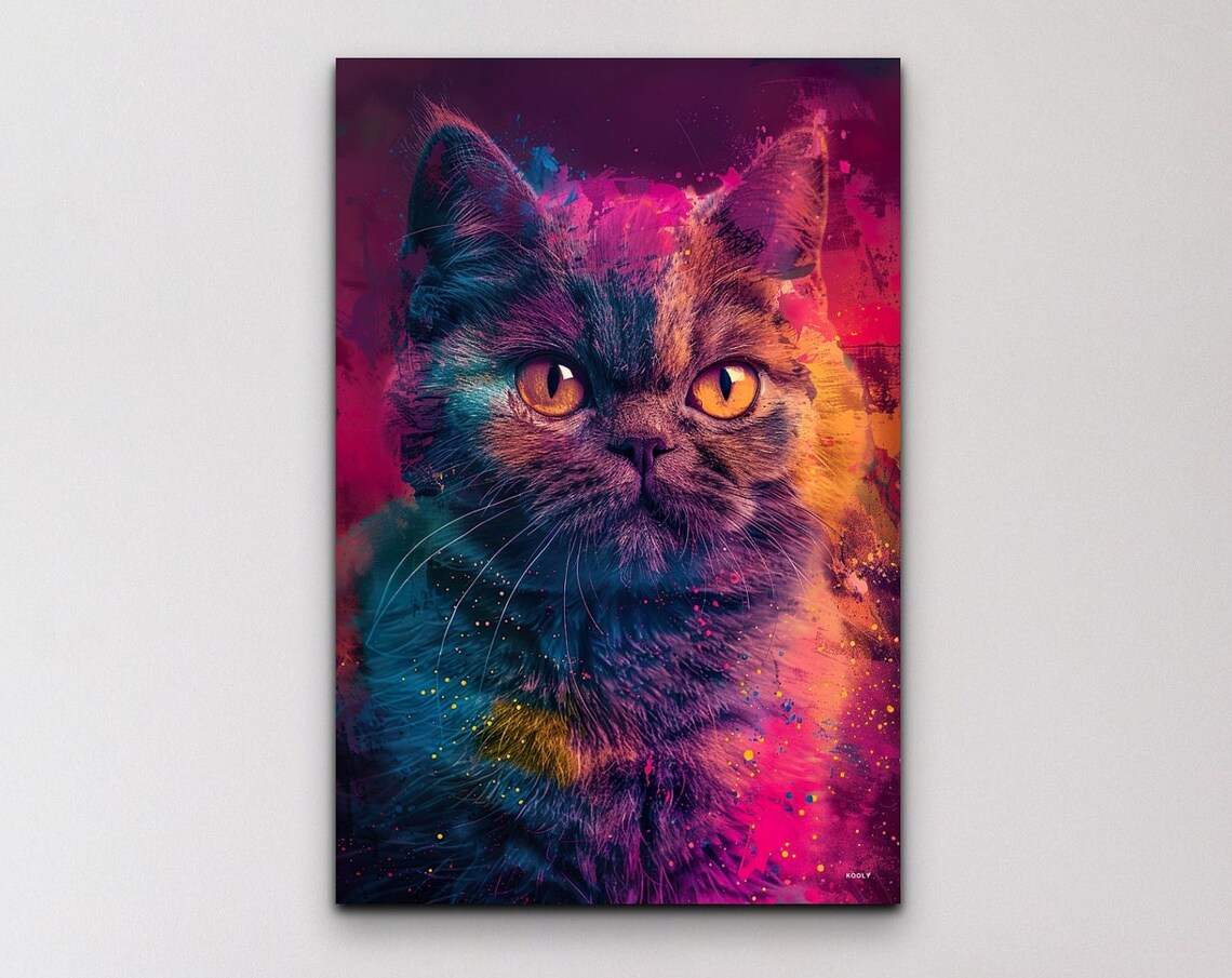 Cat Portrait with Neon Magenta and Orange Paint Splashes Wall Art
