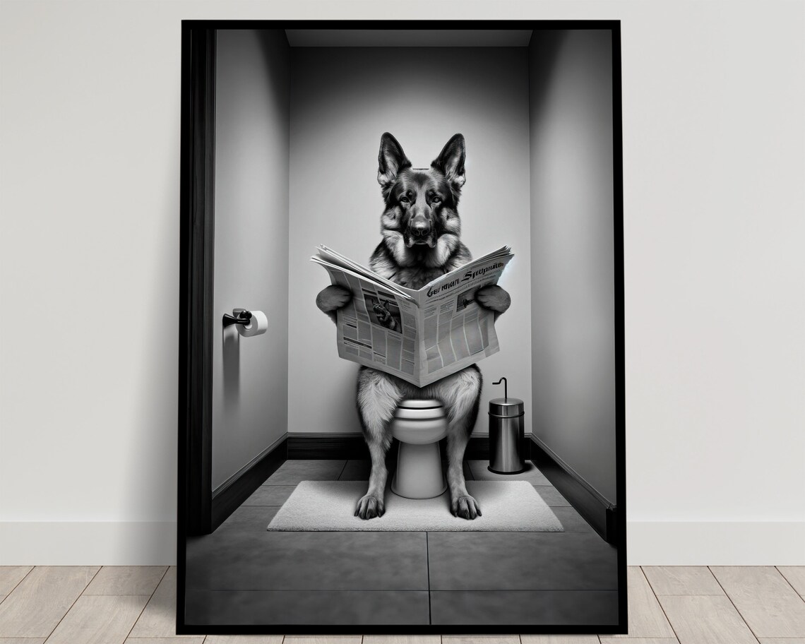 German Shepherd Reading on the Toilet, Fun Bathroom Art