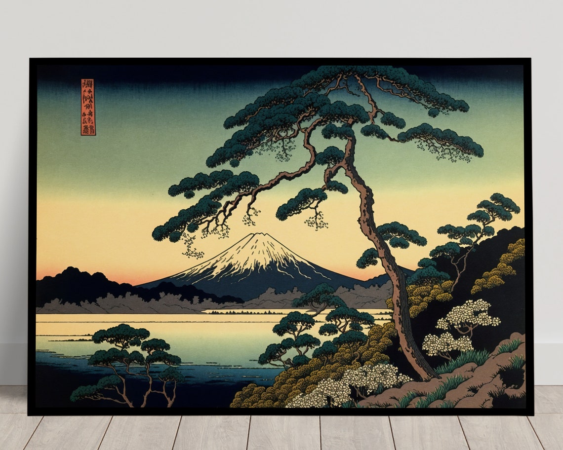 Mount Fuji Japanese Ukiyo E Landscape Pine Tree Sunset Lake Art Print