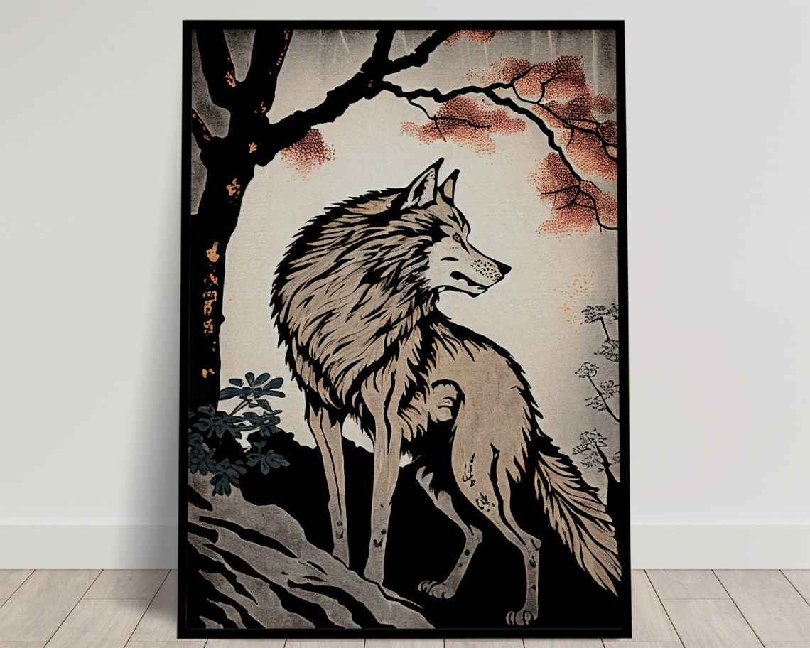 Wolf In The Forest Wall Poster Japanese Art Style Illustration Ukiyo E Print Poster Wall Art Japan Wolf Wall Decor
