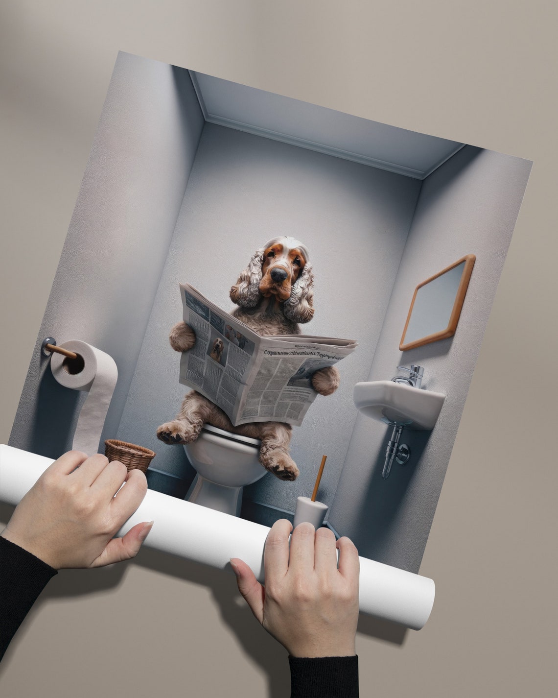 English Cocker Spaniel Reading Newspaper on the Toilet Poster - Image 2