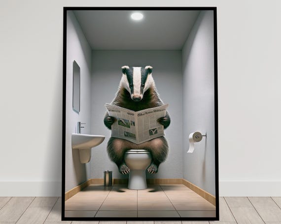 Photograph Of A Badger Reading The Newspaper On The Toilet Funny Bathroom Decor Bathroom Wall Art Wc Toilet Poster Unique Gag Gift