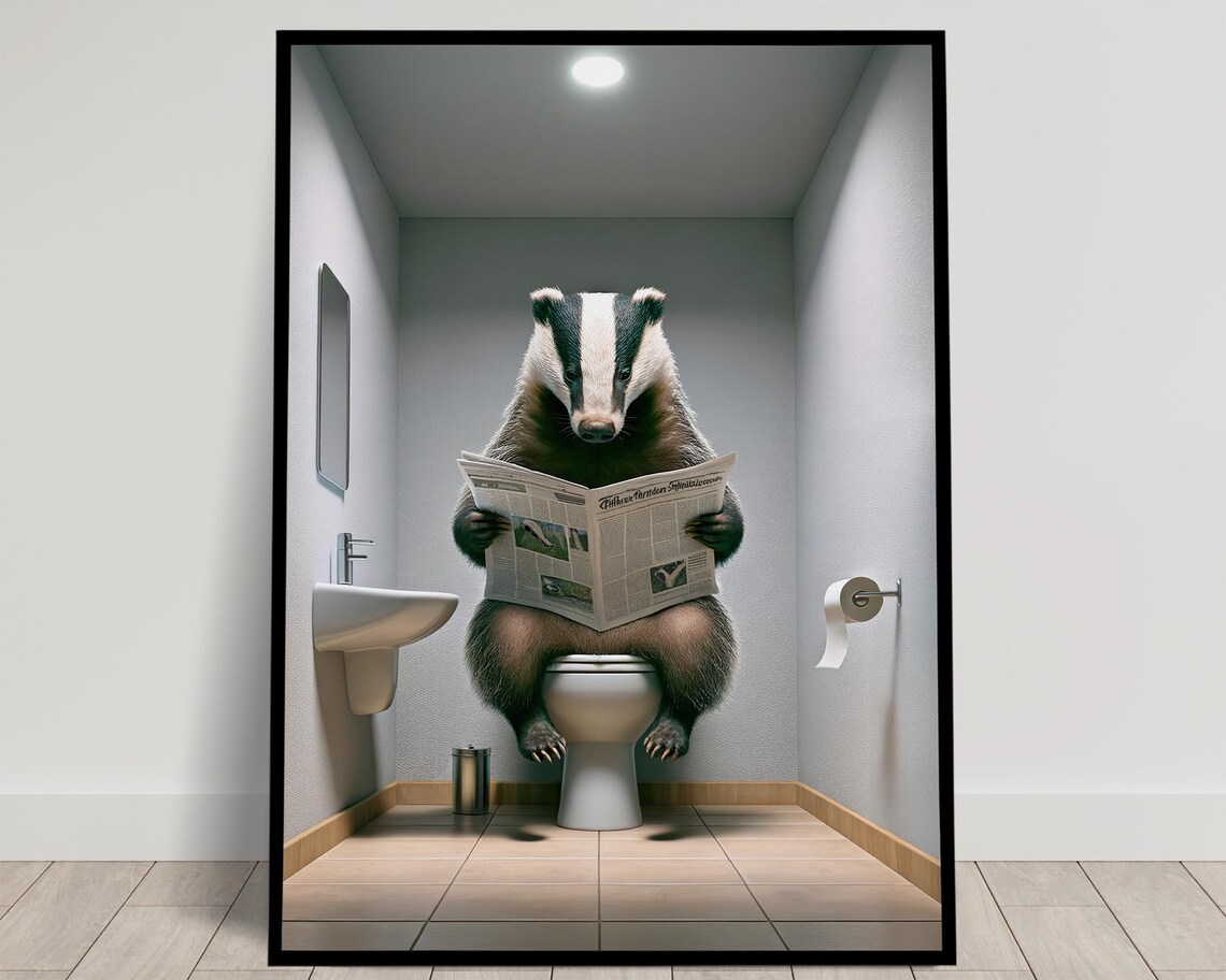 Badger Reading the Newspaper on the Toilet Funny Bathroom Poster