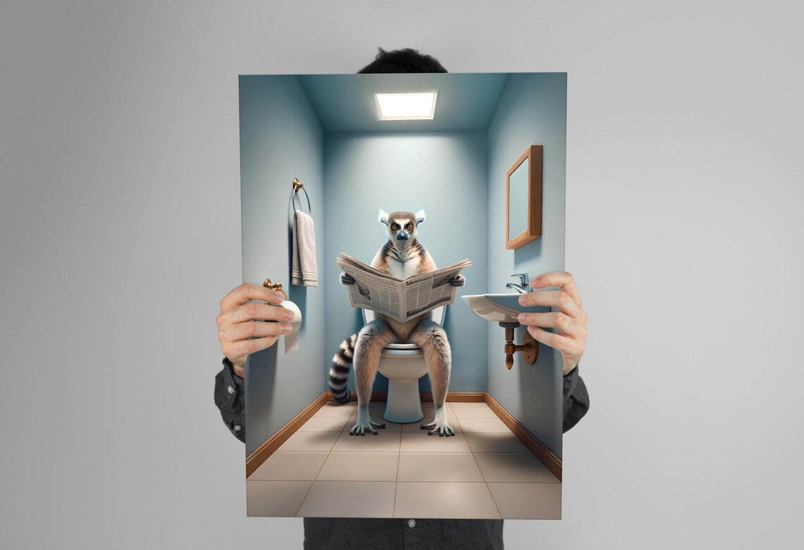 Lemur Reading the Newspaper on the Toilet in a Blue Bathroom Poster - Image 3