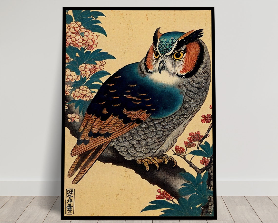 Japanese Ukiyo E Owl On Blossom Branch Vintage Woodblock Wall Art