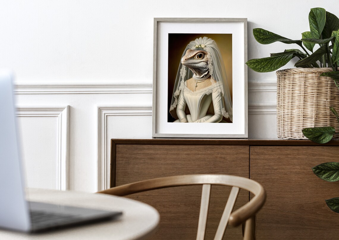 Lizard Bride in a White Satin Wedding Gown with Pearl Necklace Poster - Image 3