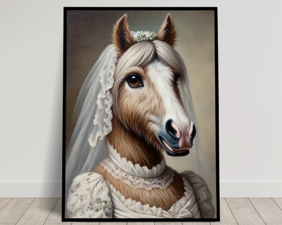 Portrait Of A Mare Wearing A Wedding Dress Animal Wall Decor Horse Mariage Poster Bride Wall Art Funny Frame Unique Gift