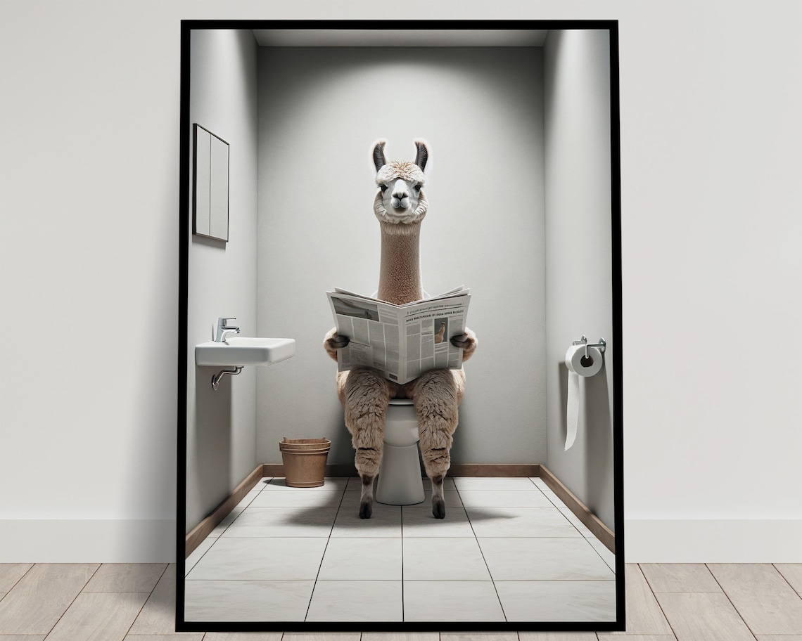 Alpaca Reading the Newspaper Bathroom Poster
