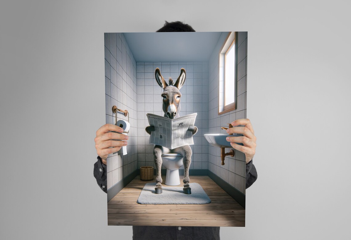 Funny Donkey Reading Newspaper On Toilet Quirky Bathroom Humor Poster - Image 3