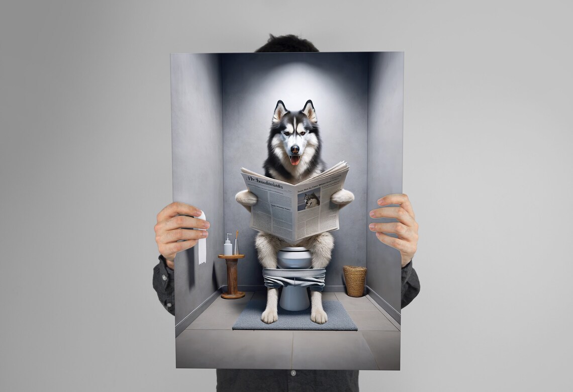 Funny Siberian Husky Reading Newspaper On Toilet Humor Poster - Image 3