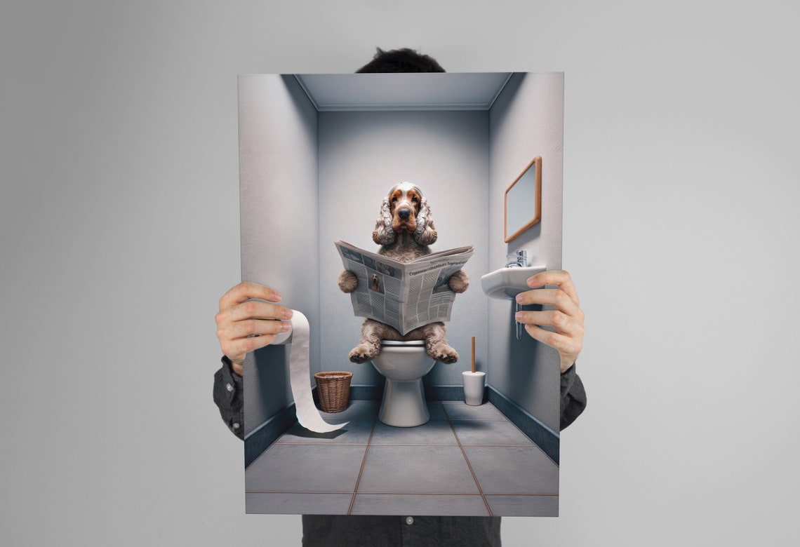 English Cocker Spaniel Reading Newspaper on the Toilet Poster - Image 3