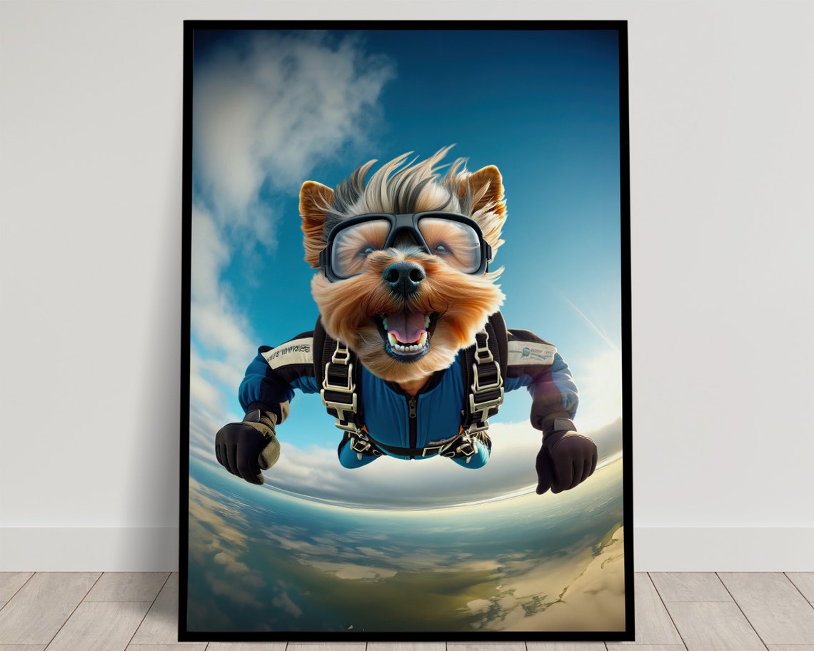 Yorkshire Terrier Skydiving In Blue Jumpsuit Funny Freefall Dog Poster