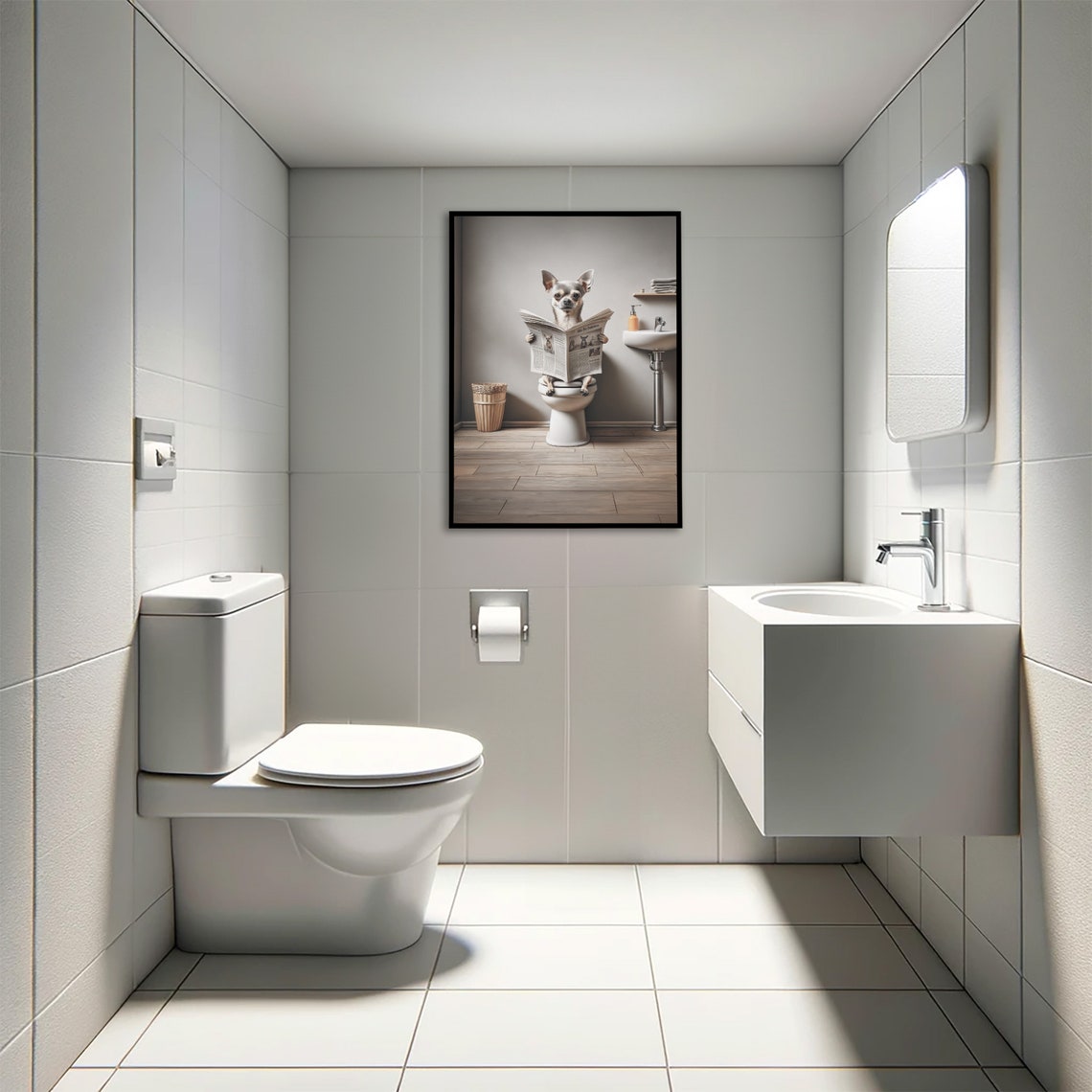 Chihuahua Reading Newspaper On The Toilet Funny Bathroom Poster - Image 4