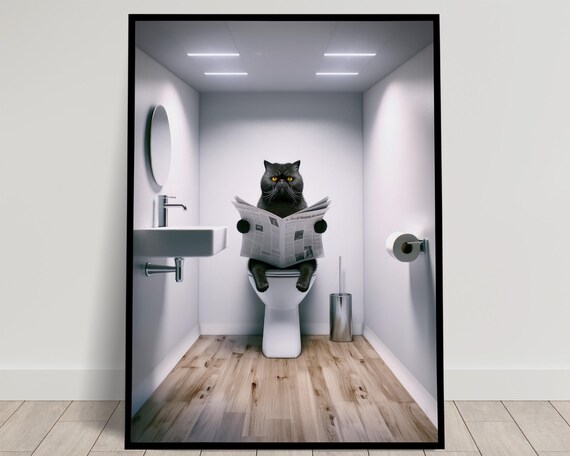 Black Tabby Cat Reading Newspaper On The Toilet Funny Bathroom Poster