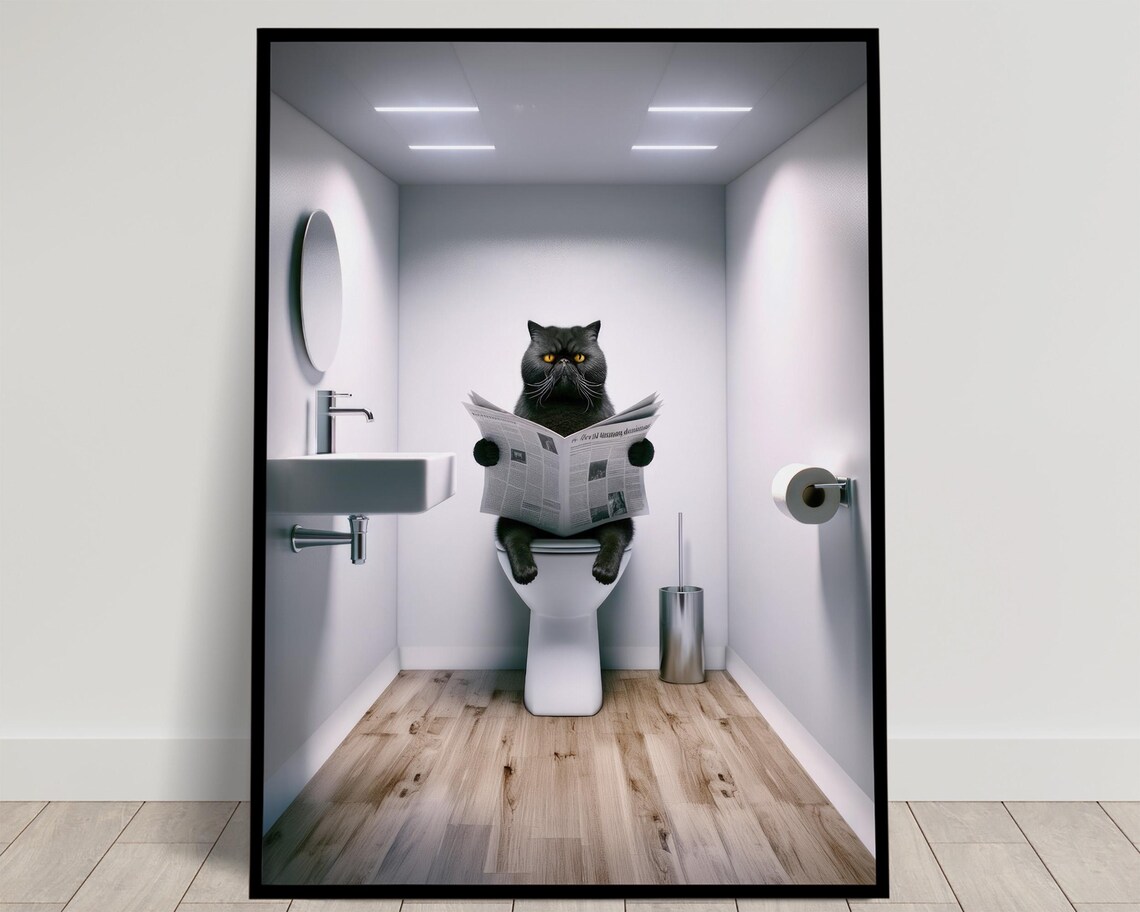 Black Tabby Cat Reading Newspaper On The Toilet Funny Bathroom Poster