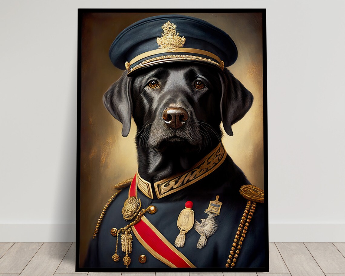Black Labrador in Military Uniform Art Print