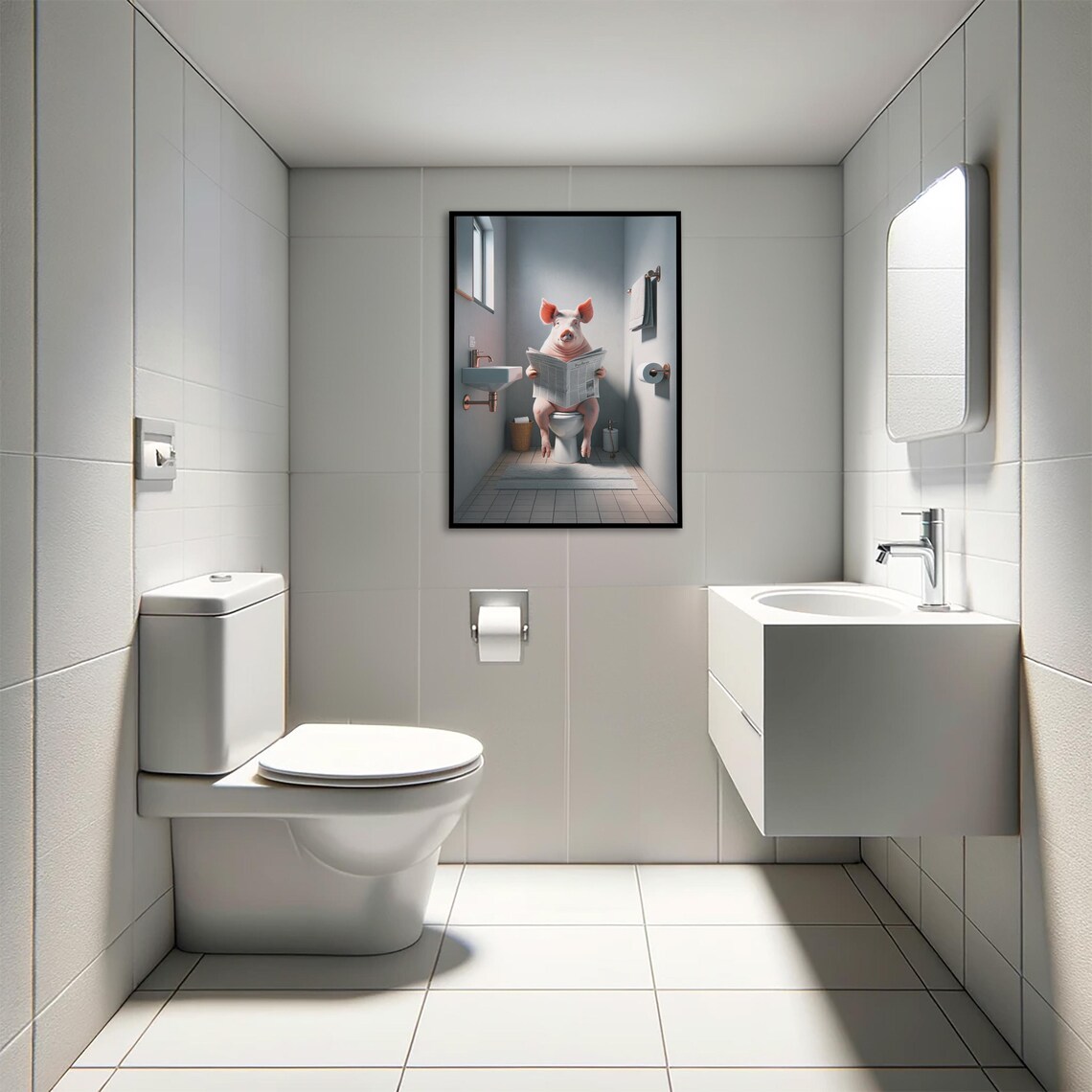 Pig Reading the Newspaper on the Toilet Funny Bathroom Poster - Image 4