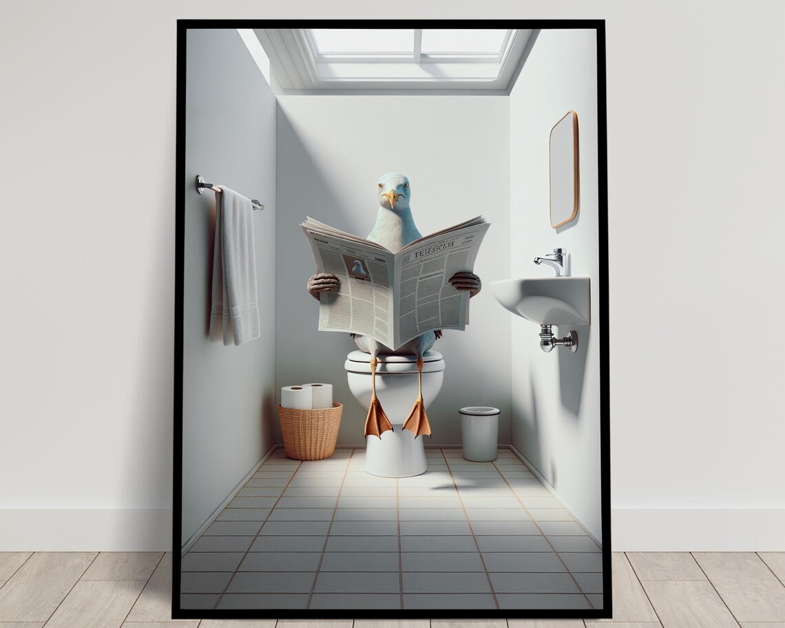 Seagull Reading Newspaper On The Toilet, Funny Poster