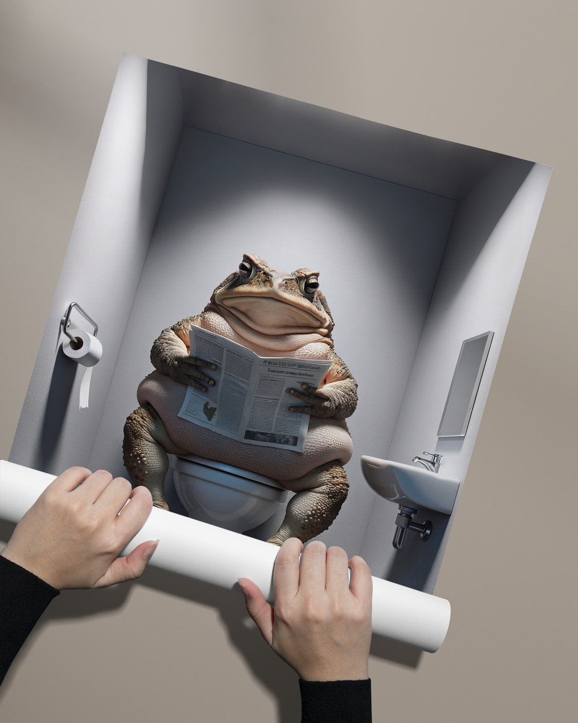 Funny Toad Reading Newspaper On Toilet Whimsical Bathroom Frog Poster - Image 2