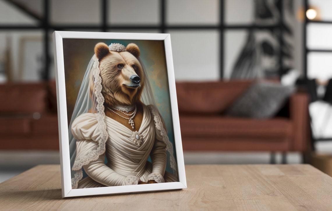 Brown Bear Bride in an Ivory Wedding Dress with Jeweled Brooch Poster - Image 4