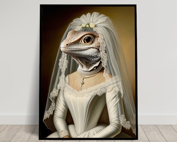 Lizard Bride in a White Satin Wedding Gown with Pearl Necklace Poster