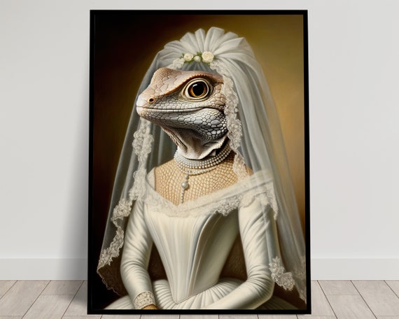 Portrait Of A Lizard Wearing A Wedding Dress Animal Wall Decor Lizard Mariage Poster Bride Wall Art Funny Frame Unique Gift
