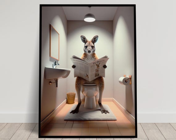 Photograph Of A Wallaby Reading The Newspaper On The Toilet Funny Bathroom Decor Bathroom Wall Art Wc Toilet Poster Unique Gag Gift