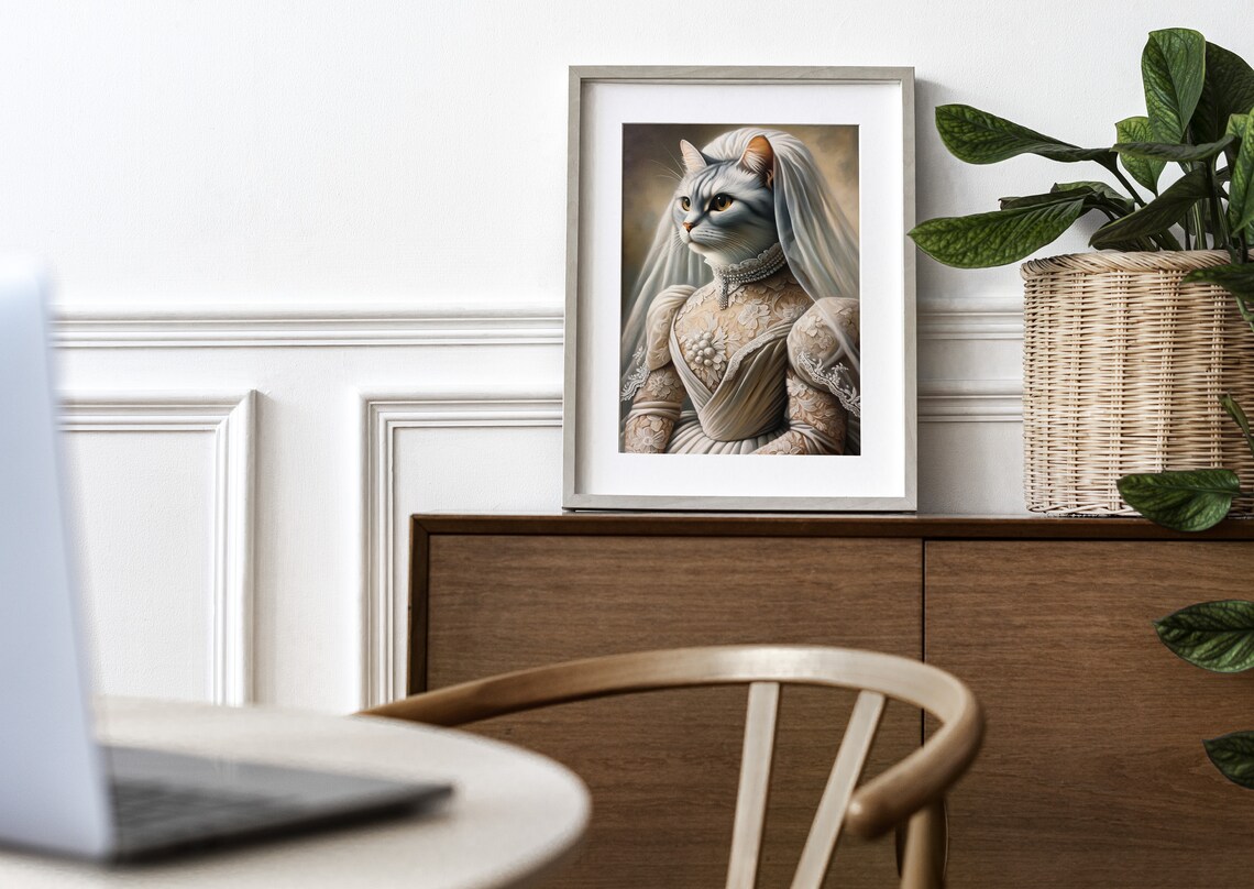 Gray Tabby Cat Bride in a Lace Wedding Dress Regal Animal Portrait Poster - Image 3