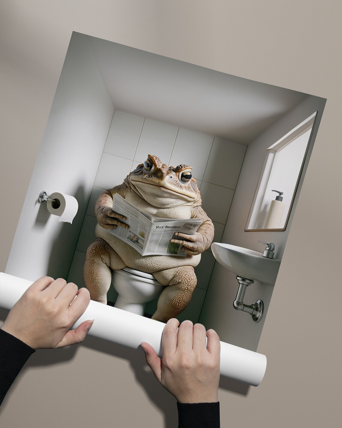 Toad Reading Newspaper While Sitting on the Toilet Funny Bathroom Poster - Image 2