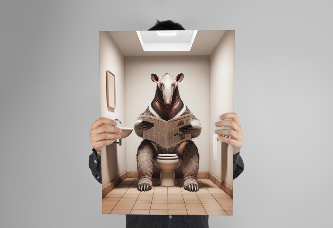 Anteater Reading the Newspaper on the Toilet Funny Bathroom Poster - Image 3