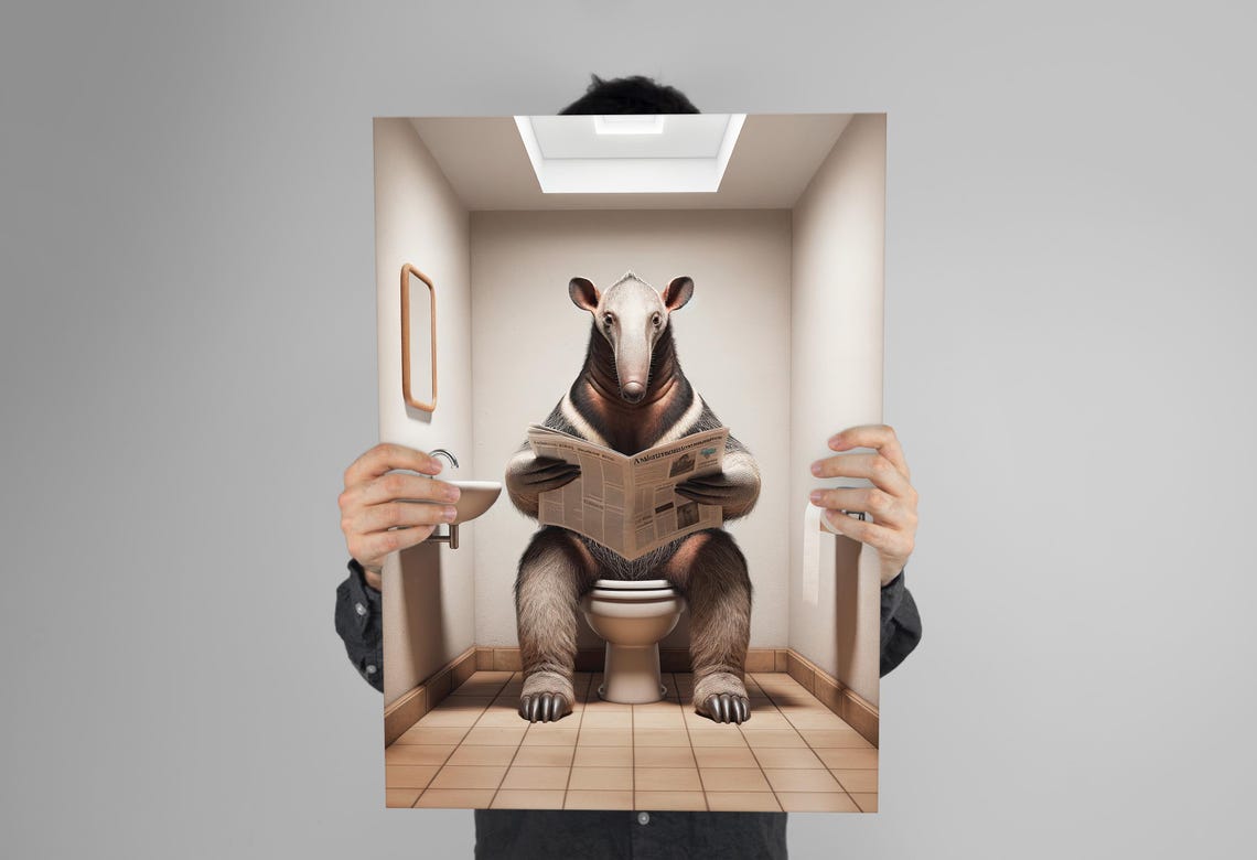 Photograph Of An Anteater Reading The Newspaper On The Toilet Funny Bathroom Decor Bathroom Wall Art Wc Toilet Poster Unique Gag Gift - Image 3