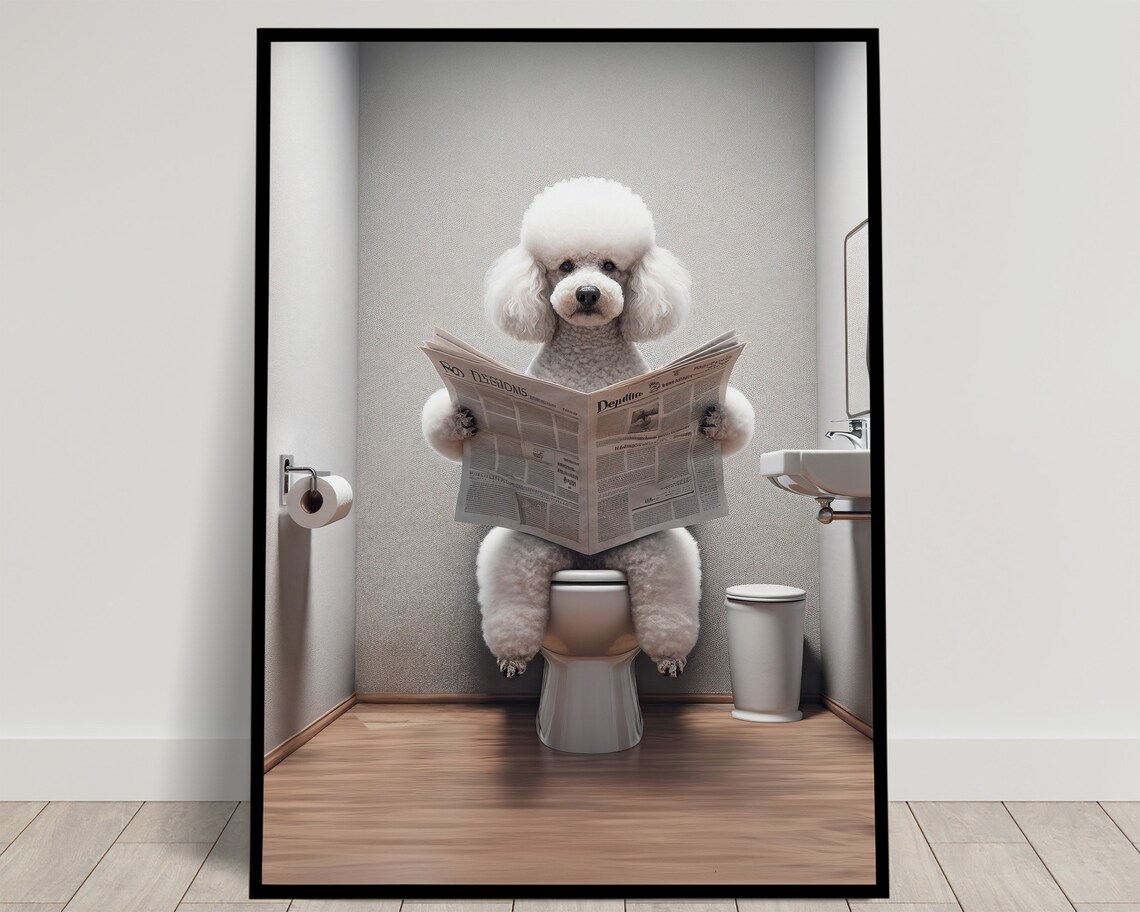 Poodle Reading Newspaper Bathroom Poster Print