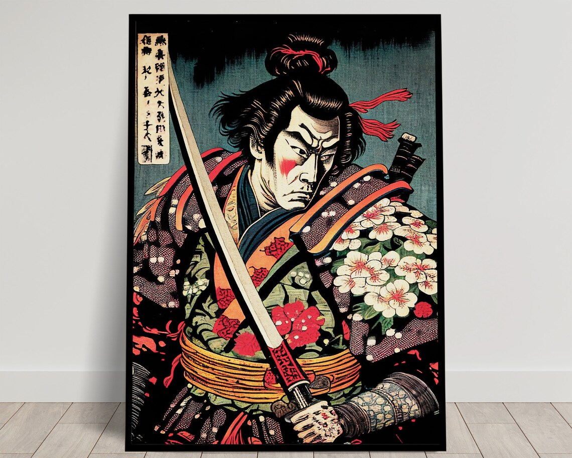 Samurai Ukiyo-E Art Print, Japanese Style Illustration
