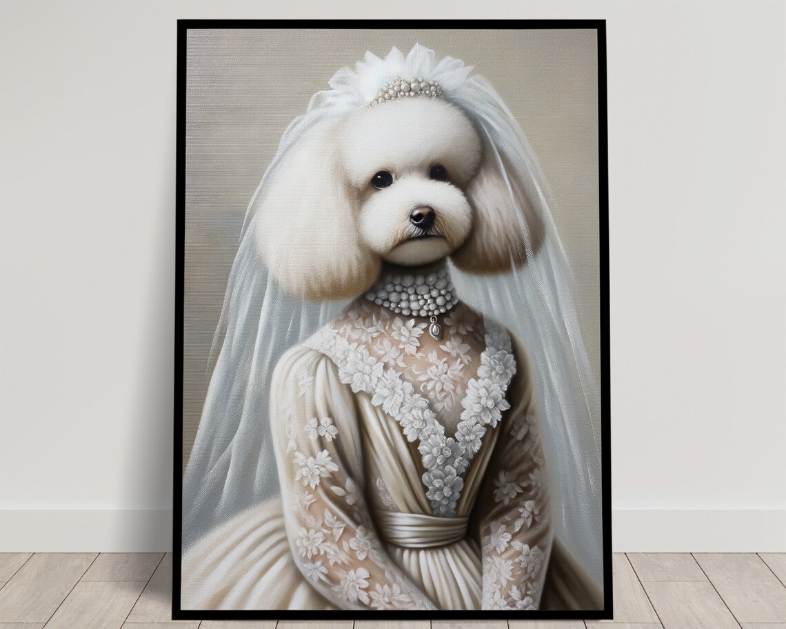 White Poodle Bride in Lace Wedding Gown Veil and Pearl Necklace Poster