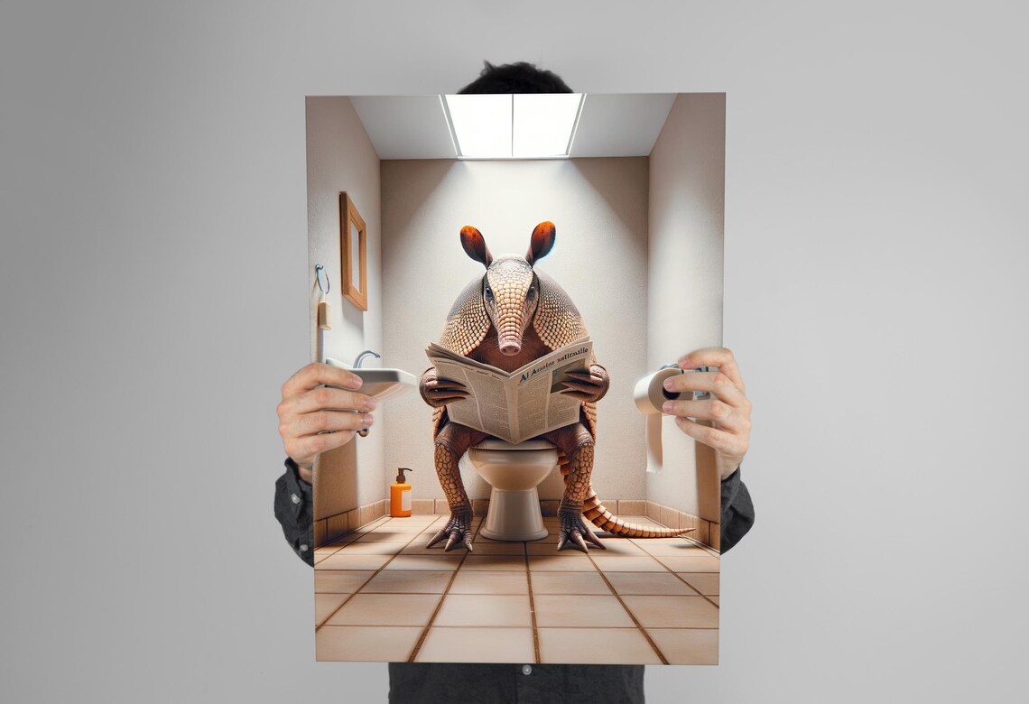 Armadillo Reading the Newspaper on the Toilet Funny Bathroom Poster - Image 3