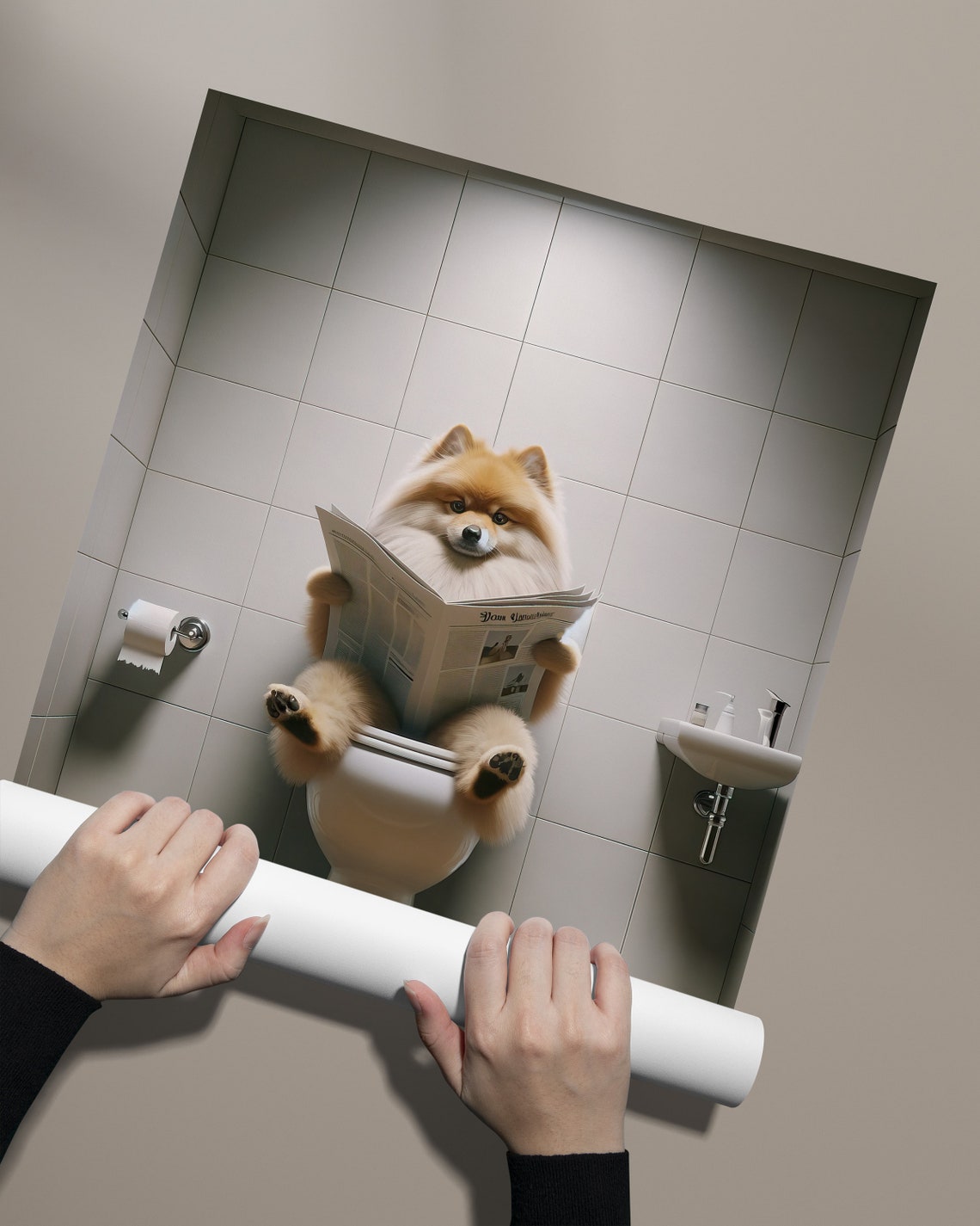 Spitz Dog Reading Newspaper While Sitting on the Toilet Funny Poster - Image 2