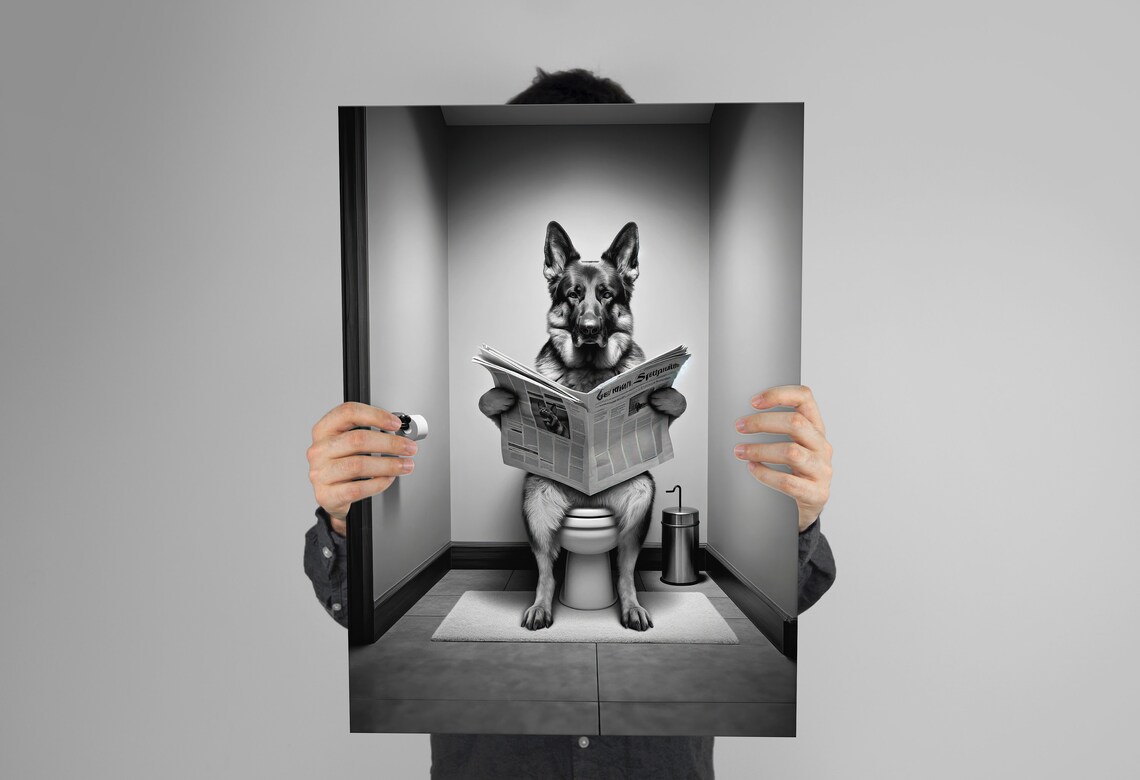 German Shepherd Reading on the Toilet, Fun Bathroom Art - Image 2