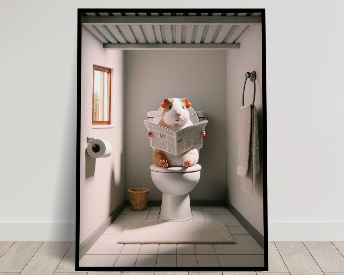 Guinea Pig Reading the Newspaper on the Toilet Bathroom Poster