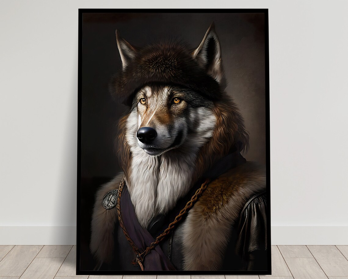 Noble Wolf Portrait in Fur Hat and Cloak Baroque Style Animal Poster