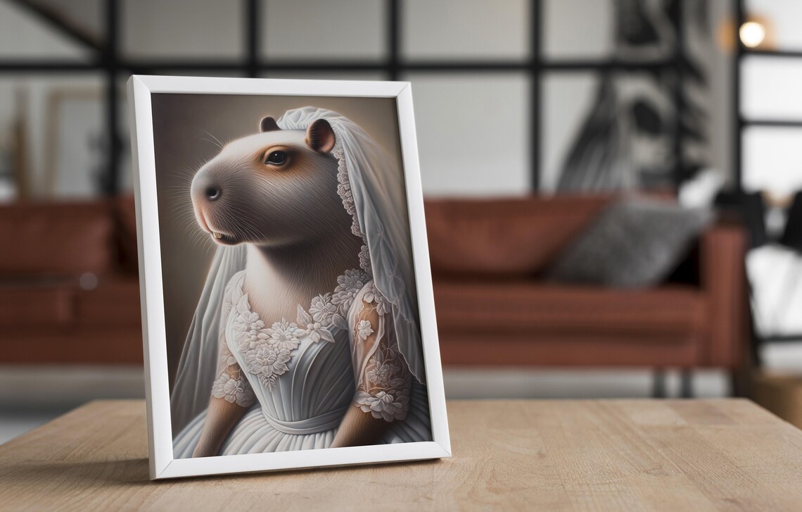 Capybara Bride in a White Floral Lace Gown and Veil Animal Portrait Poster - Image 3