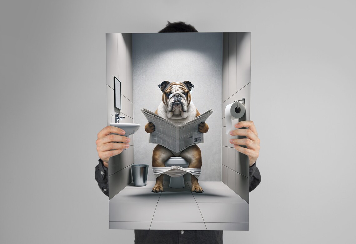 English Bulldog Reading Newspaper on the Toilet Funny Bathroom Poster - Image 3